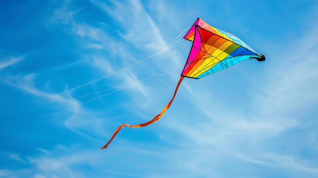 Una cometa de colores está volando alto en el cielo azul La cometa está hecha de tela de colores arco iris y tiene una larga cola