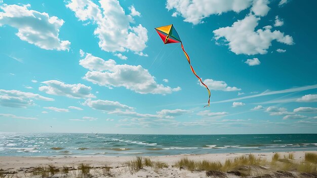 Foto una cometa de colores está volando alto en el cielo azul sobre la playa la cometa tiene forma de diamante y una larga cola