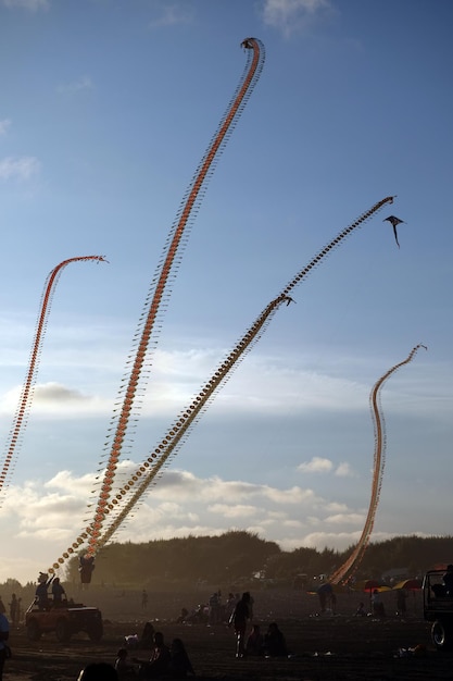Foto cometa de dragón tradicional volando en el cielo azul en la playa