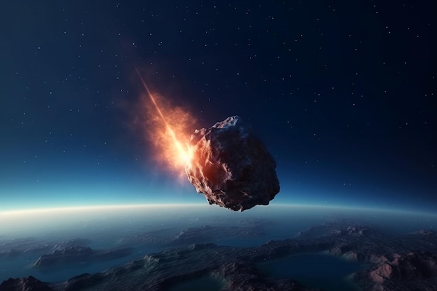 Cometa o meteorito asteroide cayendo al planeta Tierra Planeta y gran meteorito en el espacio quemando asteroide explosivo en la atmósfera AI generado