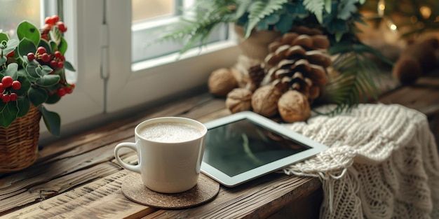 Comfort quente de inverno Bebida quente e comprimido por decoração de janela festiva