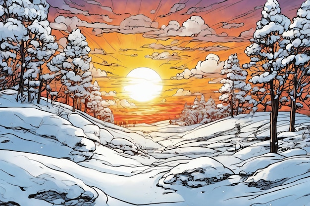 Comic-Kunststil einer schneebedeckten Umgebung beim Sonnenuntergang