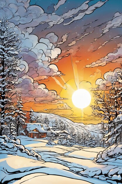 Comic-Kunststil einer schneebedeckten Umgebung beim Sonnenuntergang