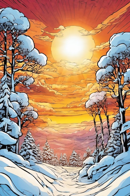 Comic-Kunststil einer schneebedeckten Umgebung beim Sonnenuntergang