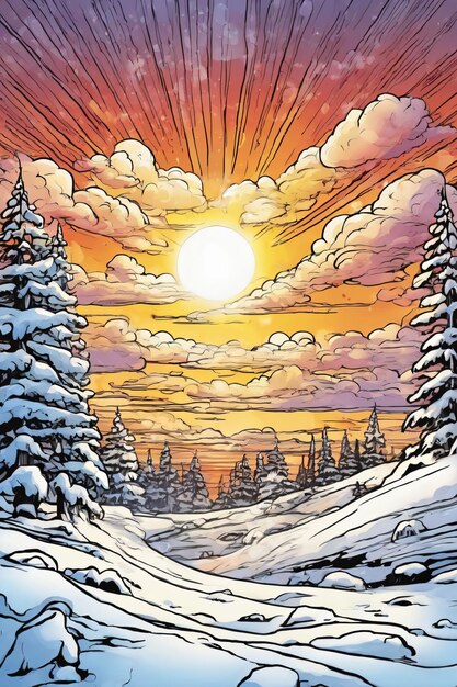 Comic-Kunststil einer schneebedeckten Umgebung beim Sonnenuntergang