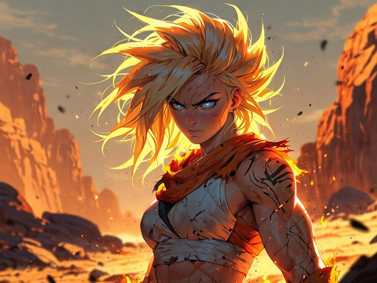 un cómic de una mujer guerrera con cabello amarillo y una camisa roja
