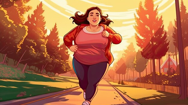 Comics de mulher gorda correndo para perder peso no parque pela manhã IA geradora