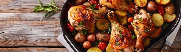Una comida abundante de patas de pollo asadas servidas con patatas asadas y verduras