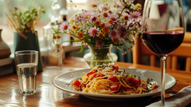 Comida acogedora de pasta con vino y ramo fresco en la ventana