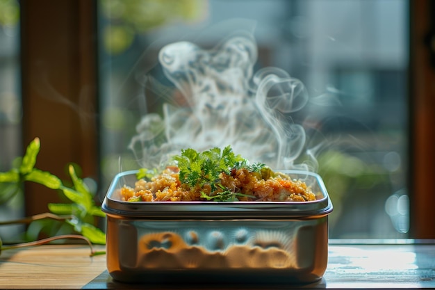 Foto comida al vapor en la bandeja de comida del avión