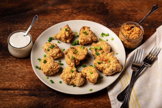 Comida de alitas de coliflor Trozos de coliflor cocidos rebozados en un plato sobre un fondo de madera Espolvoreado con cebollas verdes