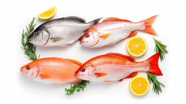 comida para amantes de los peces con fondo blanco vista superior creada con tecnología de IA generativa