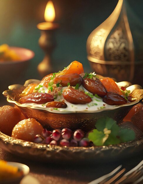 Foto comida apetecible de ramadán de primer plano realista