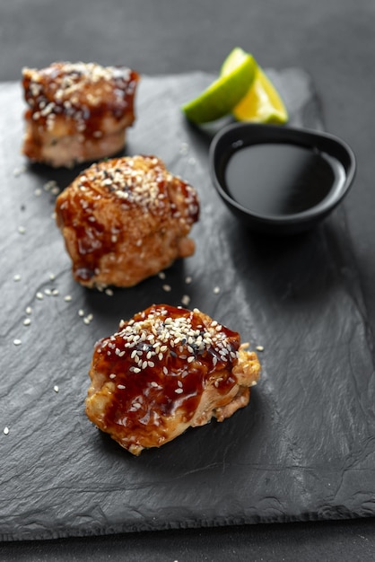 Comida asiática fast food comida de rua frango em molho teriyaki e gergelim uma maneira tradicional japonesa de