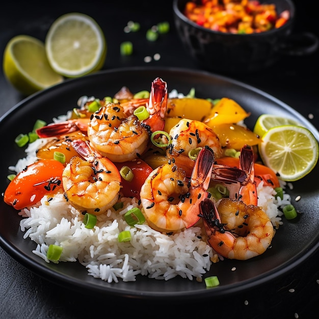 Comida asiática rápida y saludable hecha de arroz frito, gambas frescas, lima y verduras en un bol negro