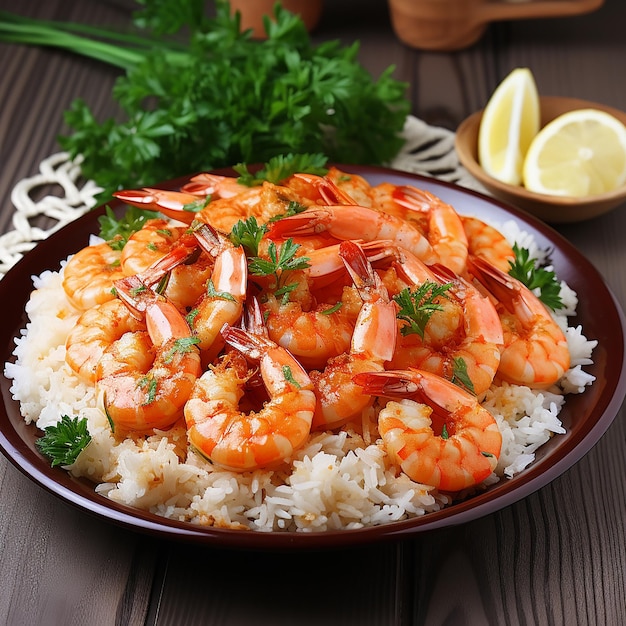 Comida asiática rápida y saludable hecha de arroz frito, gambas frescas, lima y verduras en un bol negro