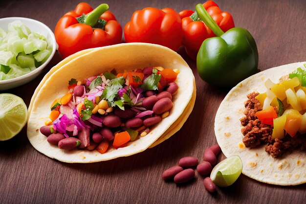 Comida auténtica en forma de tacos mexicanos con frijoles y carne enlatados