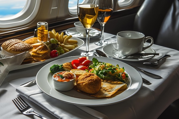 Foto comida en avión en clase ejecutiva