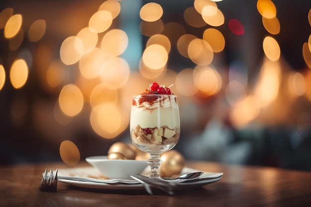 Comida y bebida contra un fondo bokeh de restaurantes festivos IA generativa