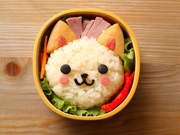 Foto comida bento plato saludable con linda cara de animal comida divertida para niños