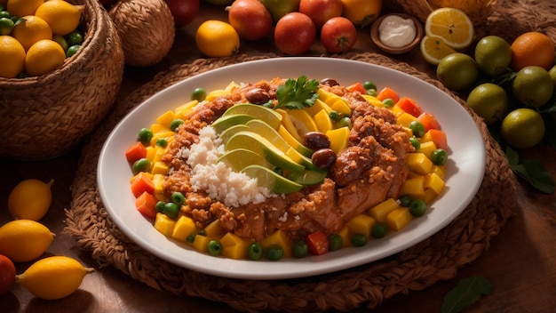 Comida brasileira em uma mesa cheia de frutas