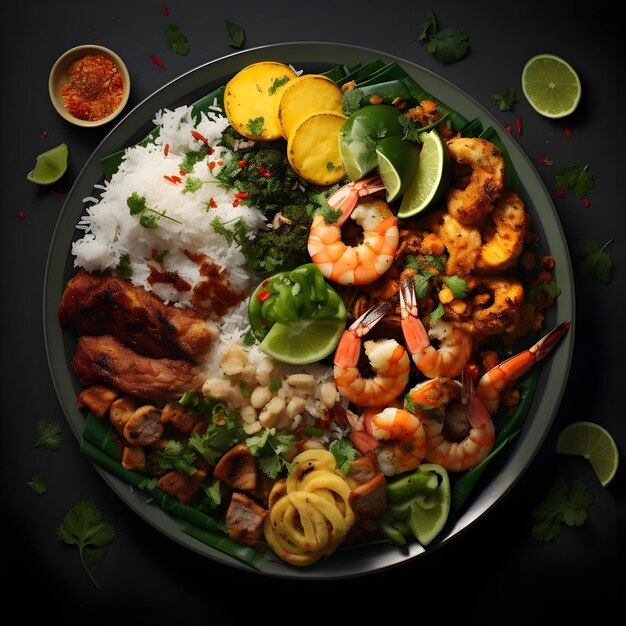 Comida brasileña Arroz con camarones y verduras en fondo negro vista superior ai generado