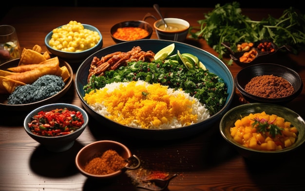 Comida brasileña en una mesa de madera