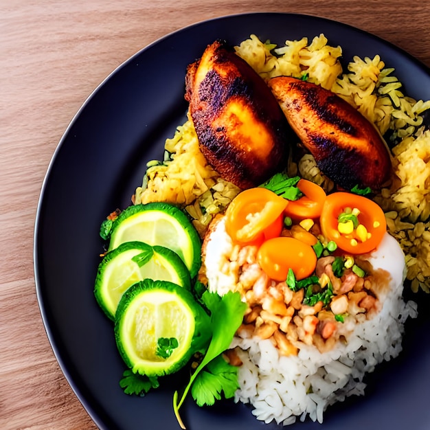 Comida brasileña pollo y arroz Galinhada Mineira de cerca en un plato en una mesa