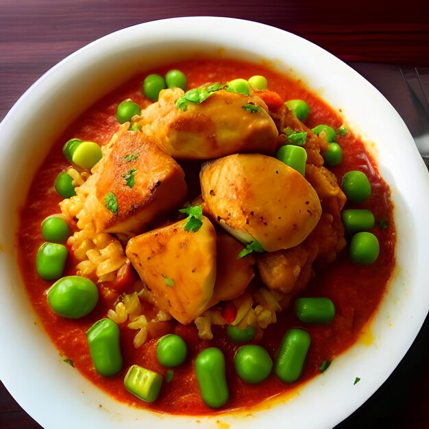 Comida brasileña pollo y arroz Galinhada Mineira de cerca en un plato en una mesa