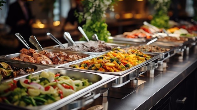 Comida buffet en una mesa larga en un restaurante de hotel