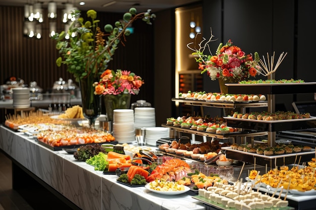 Comida buffet en una mesa larga en un restaurante de hotel