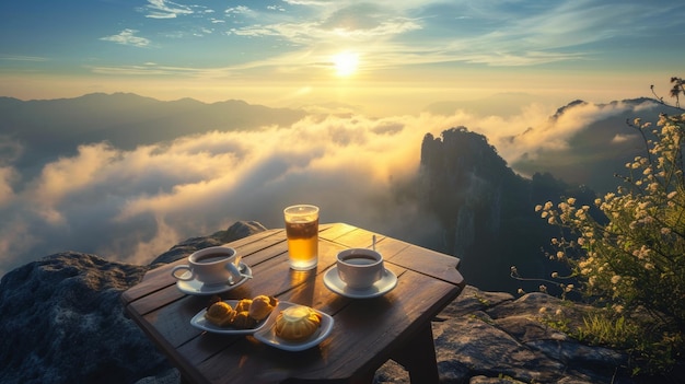 Comida y café en una mesa de madera en la cima de la montaña al amanecer o al atardecer increíble desayuno con impresionante vista del paisaje concepto de viaje caminata naturaleza restaurante de verano complejo