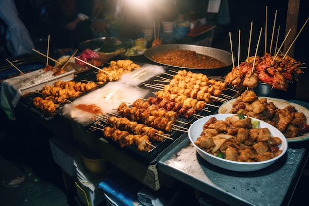 Comida callejera asiática Platos orientales tradicionales en el mercado callejero IA generativa