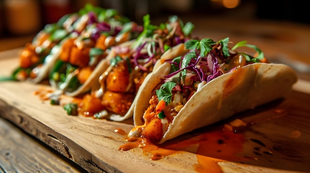 La comida callejera mexicana poke tacos que incorporan verduras ensalada aguacate y reflejos de pescado