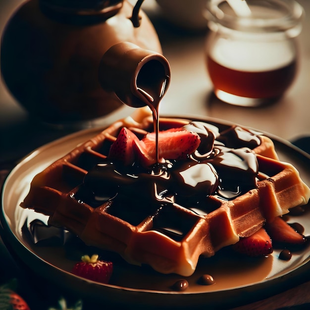 Comida casera fresca de gofres belgas de bayas con crema y jarabe de fresa, chocolate y miel