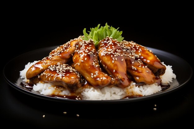 Foto comida casera pollo teriyaki con arroz blanco y pimienta sobre un fondo negro