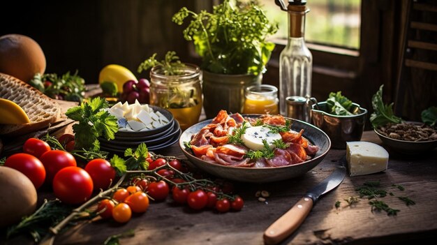 Foto comida casera rústica en una mesa de madera con productos orgánicos frescos