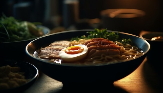 Comida de cerdo gourmet recién cocinada con verduras generada por IA