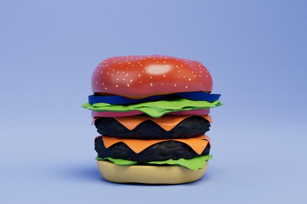 Comida chatarra comida rápida gran hamburguesa con queso sobre un fondo azul 3d render