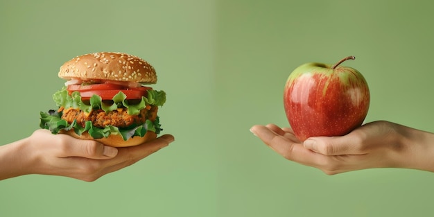 Foto comida chatarra en una mano comida saludable en la otra mano ia generativa