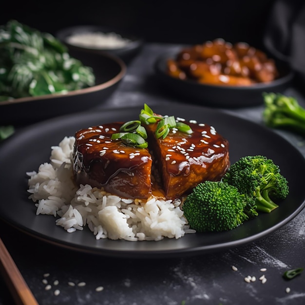 comida china con arroz, carne de res, verduras y salsa