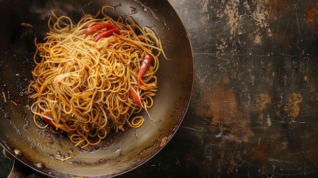 Comida china deliciosa con fideos cocinados en el Stir Fry