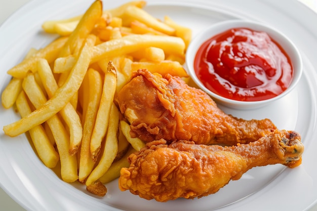 Comida clásica de confort pollo frito crujiente con patatas fritas doradas