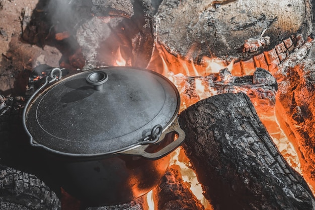 La comida se cocina en una olla al fuego.