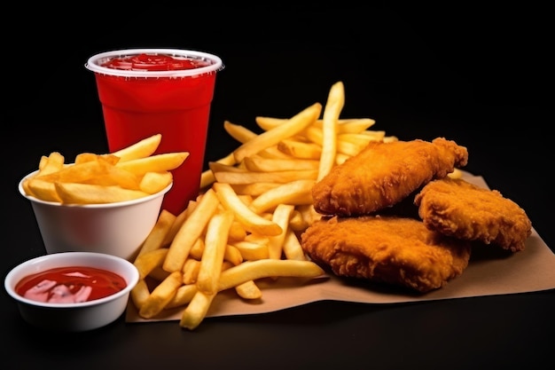 Comida de comida rápida con nuggets de pollo, papas fritas con salsa de tomate y cola