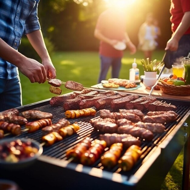 comida y concepto de tiempo familiar hombre cocinando carne en la parrilla de barbacoa en la fiesta de jardín de verano