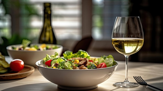 comida y copas de vino junto a un plato de ensalada y una copa de vino encima de una mesa Generetive Ai