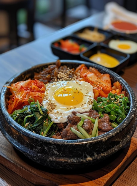 comida coreana dolsot bibimbap com ovo e kimchi