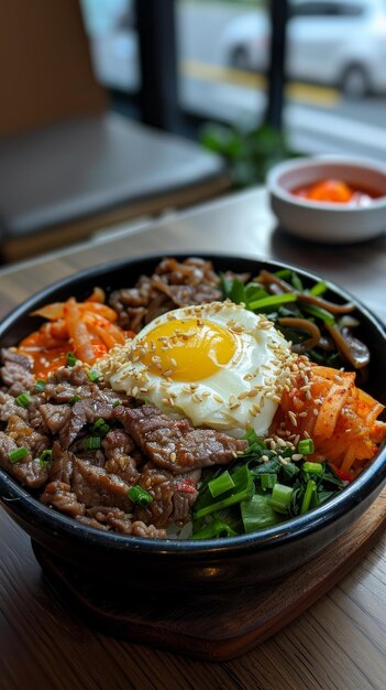 Foto comida coreana dolsot bibimbap con kimchi de huevo de res y verduras en un tazón de piedra caliente