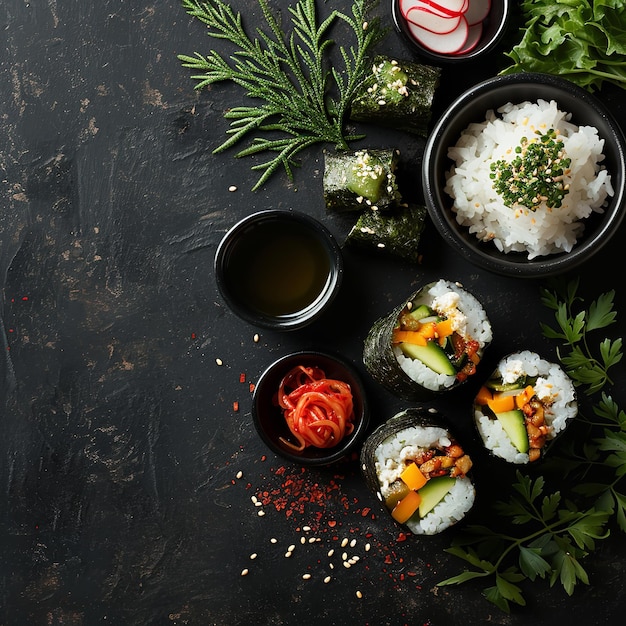 Comida coreana em fundo preto Kimchi de arroz Ai generativo